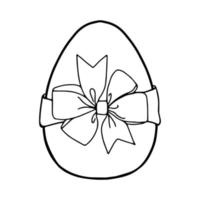 Easter egg with a bow-Doodle style . A black-and-white image isolated on a white background.Festive egg with a ribbon.Coloring.Outline drawing by hand.For postcards, decorations for Easter. vector