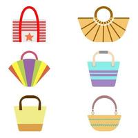 un conjunto de bolsos de playa al estilo de una ilustración plana.un conjunto de bolsos de mujer.bolsos de verano brillantes para la playa.ilustración vectorial vector