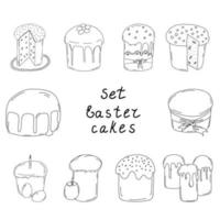 Set of Easter cakes.Contour drawing. Freehand drawing.10 cakes with icing, raisins, candied fruits, and topping.Cut the cake.Spring holiday of Easter.Vector illustration vector