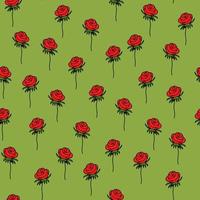 Seamless pattern with a red rose on a green background.Doodle style.Floral and herbal.For bouquets, decorations.Vector vector