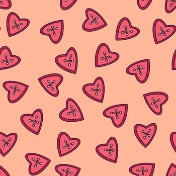 patrón impecable en un fondo rosa con un botón en forma de corazón, línea dibujada a mano, garabato. el botón rosa.símbolo del amor, día de san valentín, boda.botón cosido.vector vector