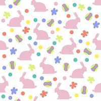 Rabbits, eggs, flowers seamless pattern for Easter. Delicate colors. Nice illustration. For printing, packaging, children's textiles, multi-colored design, pink rabbit, Easter eggs. Vector