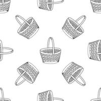 Wicker basket with high handle seamless pattern, hand drawing line. Black and white image. Oval basket for a holiday, picnic, Pets.Home item.Vector vector