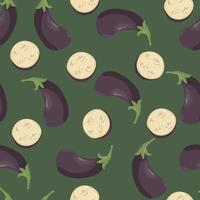 Pattern with eggplant. A whole eggplant and halves on a green background. Fresh vegetable. Farm products. vector