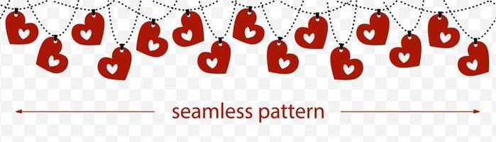 Border red hearts on chain. Transparent background Valentine's Day banner. Seamless pattern. Vector illustration.