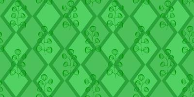 Green background with rhombuses and branch. Geometric seamless pattern. Packaging design, wallpaper, template. Vector illustration.