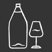 Wine chalk icon. Alcohol bar. Bottle and wineglass. Alcoholic beverage. Restaurant service. Glassware for dessert port wine. Isolated vector chalkboard illustration