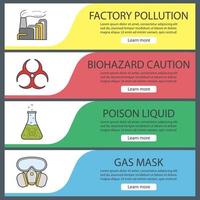 Conjunto de plantillas de banner de la industria química. fácil de editar. contaminación del aire de fábrica, líquido venenoso, símbolo de riesgo biológico, máscara de gas. elementos del menú del sitio web. banner web en color. conceptos de diseño de encabezados vectoriales vector