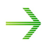Green striped arrow flat design long shadow color icon. Forward indicator, right turn. Pointer symbol. Next, forward. Navigation cursor. Arrowhead indicating rightward. Vector silhouette illustration