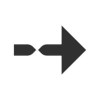 Twisted arrow glyph icon. Direction arrowhead. Pointing cursor. Arrow indicating rightward. Pointer, indicator. Next. Navigation sign. Silhouette symbol. Negative space. Vector isolated illustration