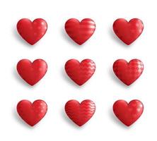 Set of red 3D hearts with different patterns isolated on white background. Decorations for valentine's day. Vector Illustration