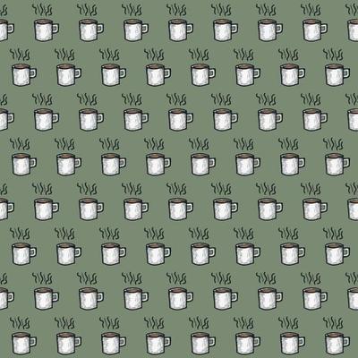 hand drawn seamless pattern of white cup coffee or tea green background vector