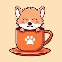 ilustración de icono de dibujos animados lindo gato y taza. estilo de dibujos animados plana animal vector