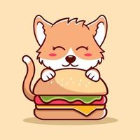 Cute Cat And Burger Cartoon Icon Illustration. Animal Flat Cartoon Style vector