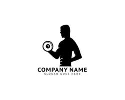 Fitness club logo with man silhouette, Man holds dumbbell vector