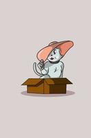 Cartoon simple cat with cardboard character design illustration vector