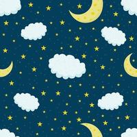 Seamless pattern with blue sky background, moon, stars n cartoon flat style. Goodnight. Endless texture for fabric vector