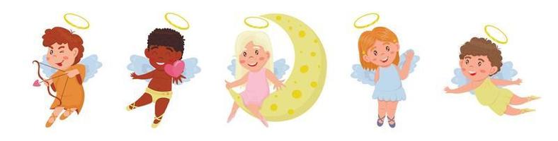 Funny kids cupids with wings characters, boys and girls with romantic arrows, trumpet and bows, blonde heaven angelic children on clouds different poses. Collection of cute children angels vector