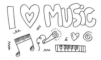 Me encanta la música con notas musicales, corazón, micrófono y remolinos sobre fondo blanco. vector