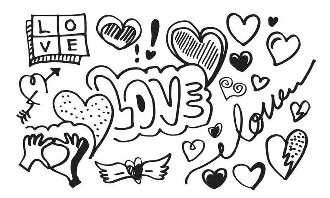 hand drawn doodles set for Valentine's Day. collection of beautiful hearts and writings Love on white background. Vector illustration.