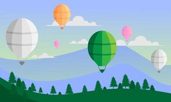 ilustración vectorial del paisaje montañoso con enérgicos fines de semana de vacaciones en globo aerostático con colores pastel brillantes vector