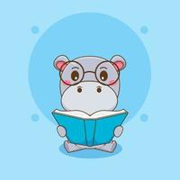 Cute Hippo cartoon character reading a book with glasses vector