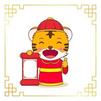 lindo tigre en dios de la riqueza disfrazado personaje de dibujos animados. celebración del año nuevo chino. vector