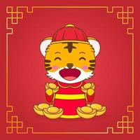 Cute tiger in god of wealth costume cartoon character. Chinese new year celebration. vector