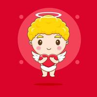 Cute Cupid angel hugging love heart cartoon character. Valentine's day design concept. vector