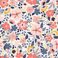 seamless pattern with abstract flowers, leaves and branches on white background. Good for textile print, wrapping paper, scrapbooking, backgrounds, kids fashion and apparel, etc. EPS 10
