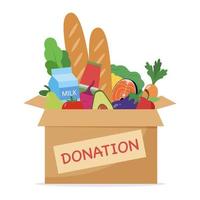 Food and grocery donation vector illustration. Concept of charity, philanthropy, welfare and benevolence. Humanitarian help box with bread, milk, fish, fruits and vegetables.