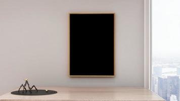 3D Render Blank frame mockup in modern minimalist interior design of living room photo