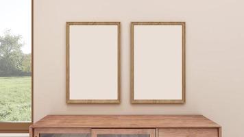 3D Render Blank frame mockup in modern minimalist interior design of living room photo