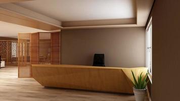 3D Rendering Futuristic Reception Room or Front Desk Mockup photo