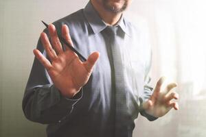 success businessman open his hand,front view,filter effec photo