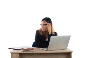 Business woman working on computer isolated on white background. photo