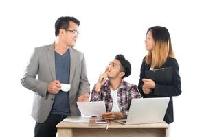 Portrait of business partners discussing documents and ideas at meeting in office isolated on white background. photo