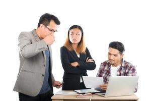 Portrait of business partners discussing documents and ideas at meeting in office isolated on white background. photo