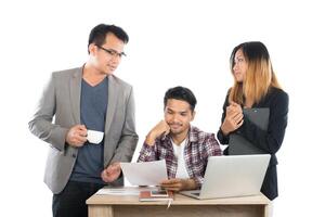 Portrait of business partners discussing documents and ideas at meeting in office isolated on white background. photo