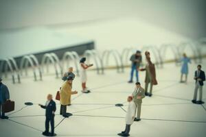 close up of miniature people with social network diagram on open notebook on wooden desk as social media concept photo