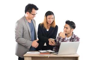 Portrait of business partners discussing documents and ideas at meeting in office isolated on white background. photo