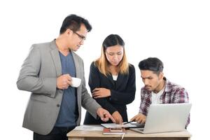 Portrait of business partners discussing documents and ideas at meeting in office isolated on white background. photo