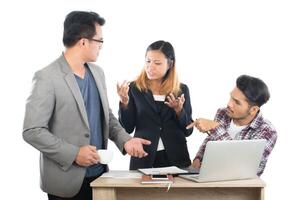 Portrait of business partners discussing documents and ideas at meeting in office isolated on white background. photo