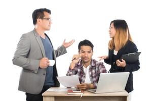 Portrait of business partners discussing documents and ideas at meeting in office isolated on white background. photo