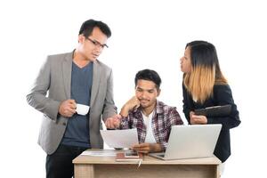 Portrait of business partners discussing documents and ideas at meeting in office isolated on white background. photo