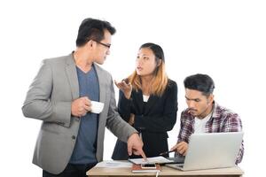 Portrait of business partners discussing documents and ideas at meeting in office isolated on white background. photo