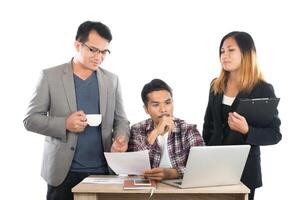 Portrait of business partners discussing documents and ideas at meeting in office isolated on white background. photo