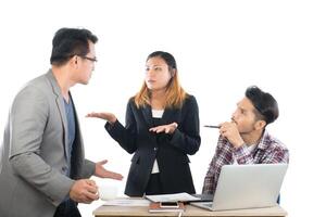 Portrait of business partners discussing documents and ideas at meeting in office isolated on white background. photo