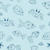 pescado, cangrejo, concha, garabato dibujado a mano de patrones sin fisuras de estrellas de mar. , minimalismo, escandinavo, colores de moda 2022. vida marina, mar océano papel pintado textil fondo papel de regalo vector