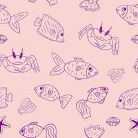 fish, crab, shell, starfish seamless pattern hand drawn doodle. , minimalism, scandinavian, trendy colors 2022. marine life, sea ocean wallpaper textile background wrapping paper vector